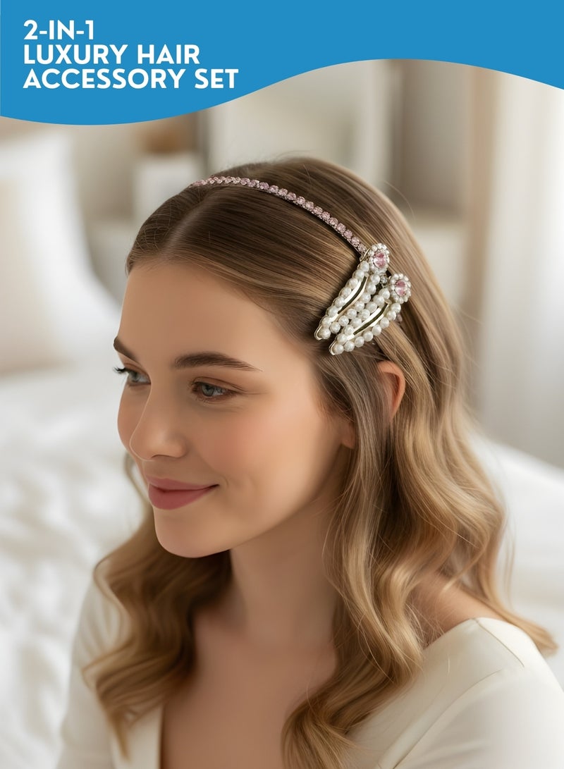 طوق رأس مرصع بأحجار الراين للنساء مع مشابك شعر كريستالية متناسقة - طقم إكسسوارات شعر للعرائس والحفلات، طوق شعر فاخر لحفلات الزفاف، إكسسوارات شعر فاخرة - Image 1